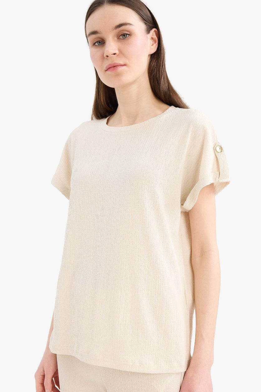 WOMAN Beige Regular Fit Crew Neck Short Sleeve T-Shirt