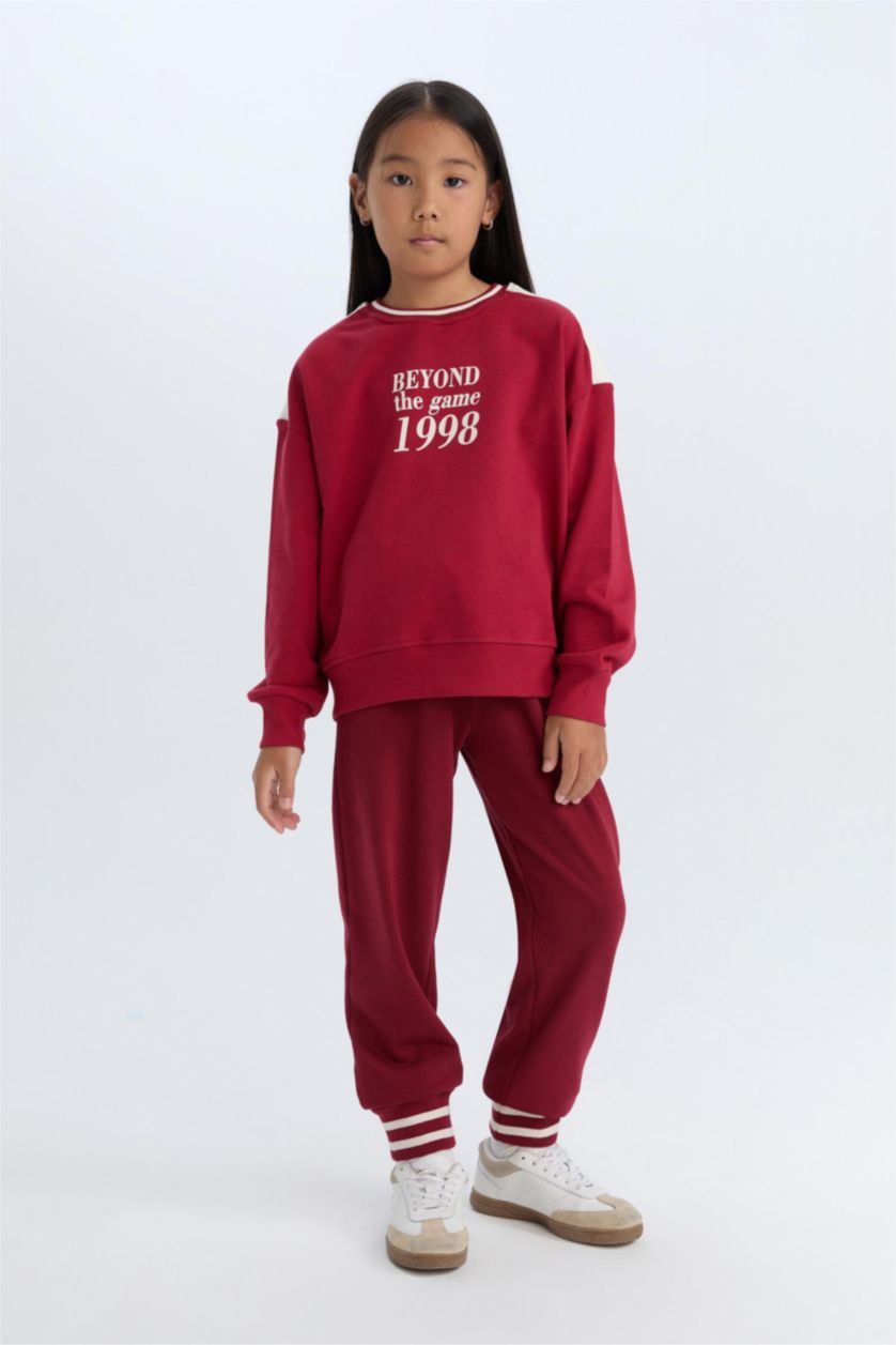 Kız Çocuk - Genç Kız Bordo Beli Paçası Lastikli Baskılı Jogger Eşofman Altı Kız Çocuk