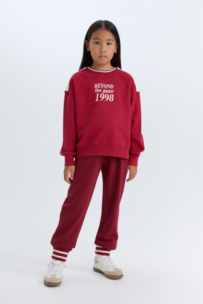 Kız Çocuk - Genç Kız Bordo Beli Paçası Lastikli Baskılı Jogger Eşofman Altı Kız Çocuk