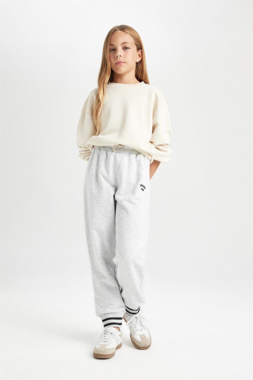 Girls & Teens Grey Melange Girl Elastic Waist Printed Jogger Sweatpants