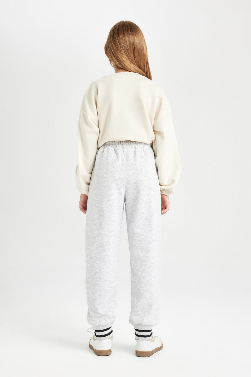 Girls & Teens Grey Melange Girl Elastic Waist Printed Jogger Sweatpants