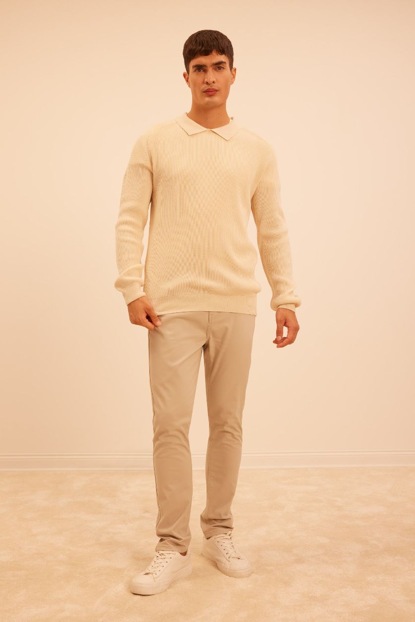 HOMME Beige Clair Pull en tricot à col polo basique à coupe standard