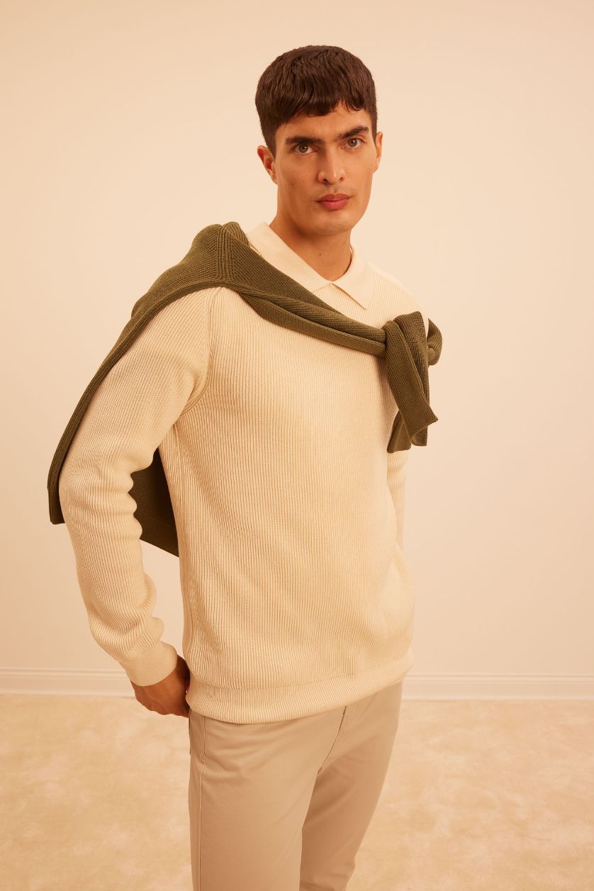 HOMME Beige Clair Pull en tricot à col polo basique à coupe standard