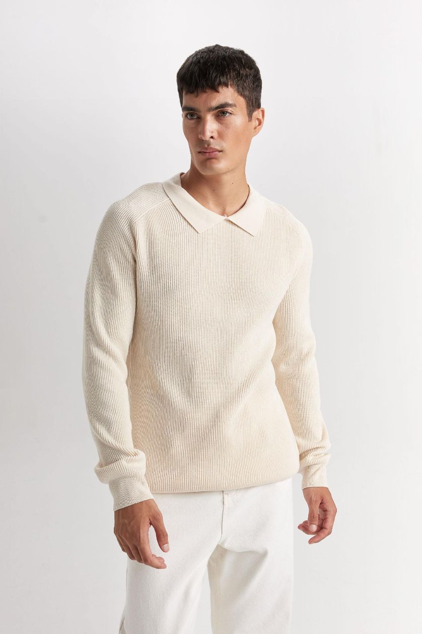HOMME Beige Clair Pull en tricot à col polo basique à coupe standard