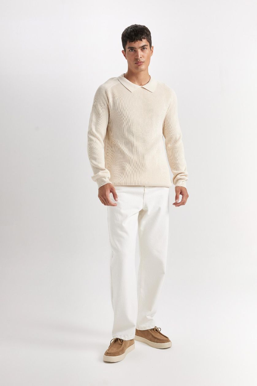 HOMME Beige Clair Pull en tricot à col polo basique à coupe standard
