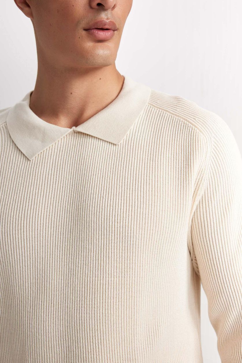 HOMME Beige Clair Pull en tricot à col polo basique à coupe standard