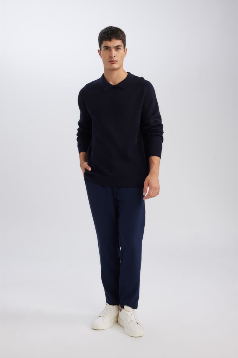 Erkek Lacivert Standart Fit Polo Yaka Basic Düz Triko Kazak