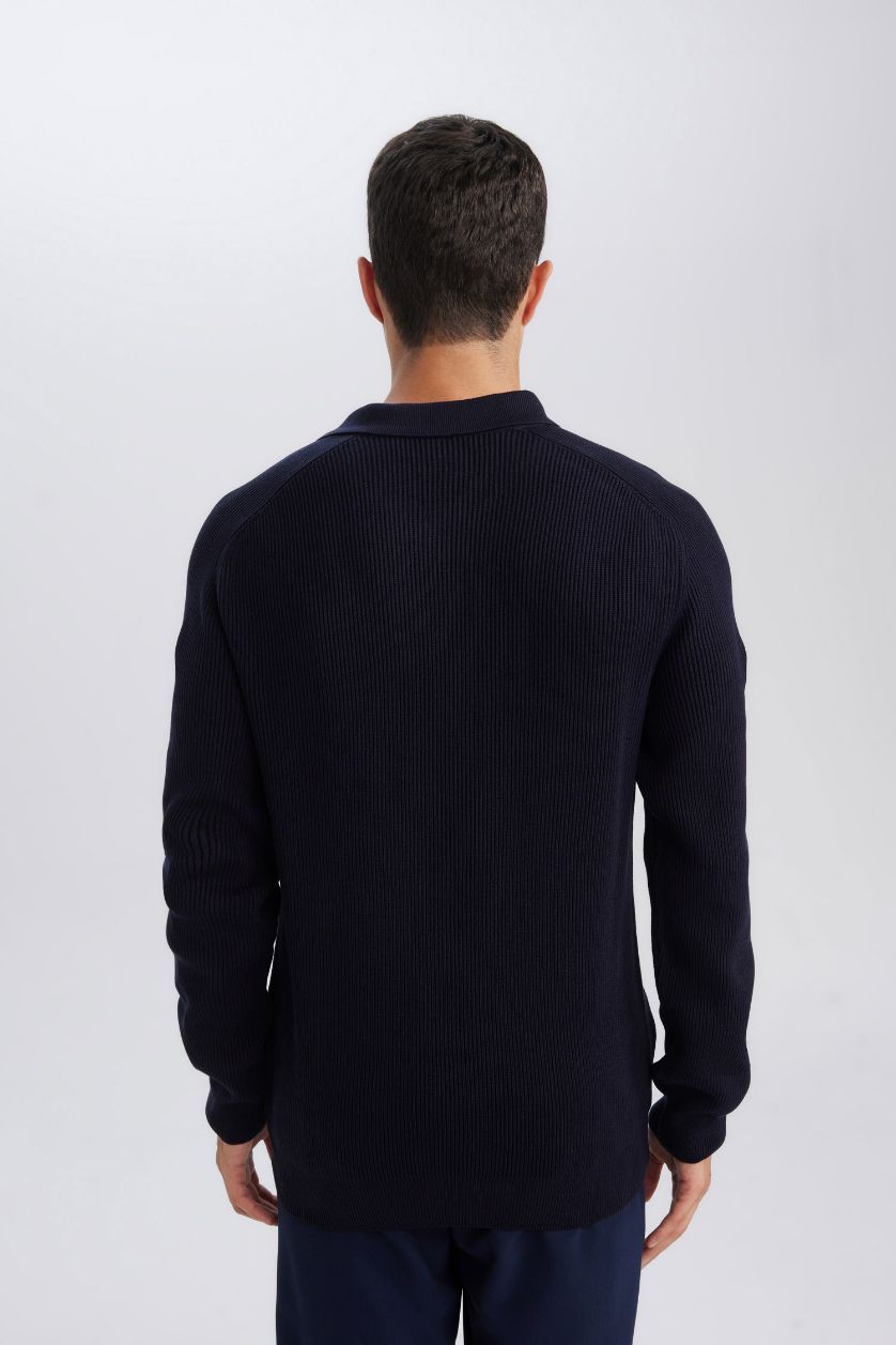 Erkek Lacivert Standart Fit Polo Yaka Basic Düz Triko Kazak