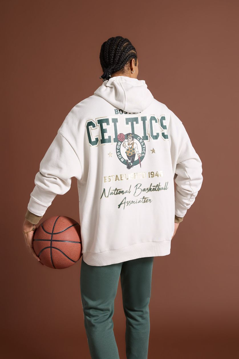 Erkek Taş NBA Boston Celtics Oversize Geniş Kalıp Kapüşonlu Sırt Baskılı Kalın Sweatshirt