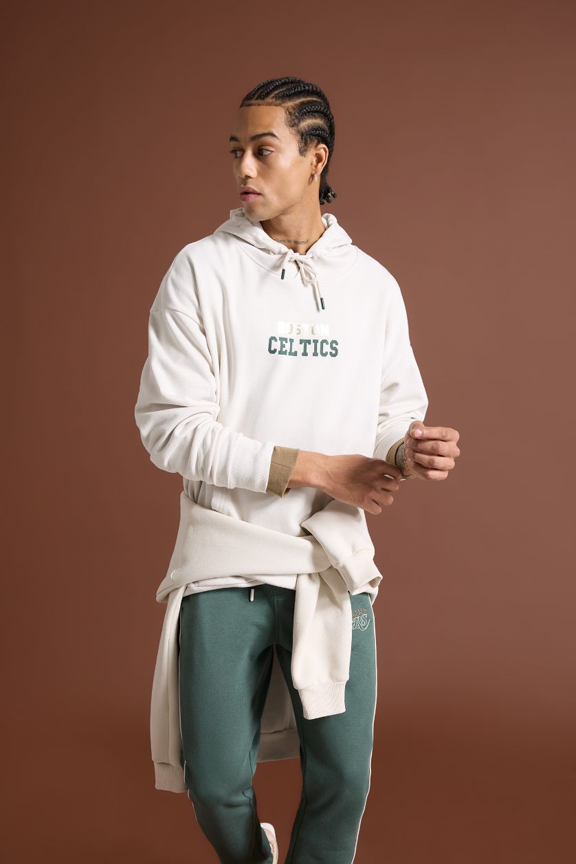 Erkek Taş NBA Boston Celtics Oversize Geniş Kalıp Kapüşonlu Sırt Baskılı Kalın Sweatshirt