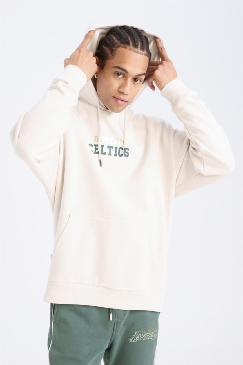 Erkek Taş NBA Boston Celtics Oversize Geniş Kalıp Kapüşonlu Sırt Baskılı Kalın Sweatshirt