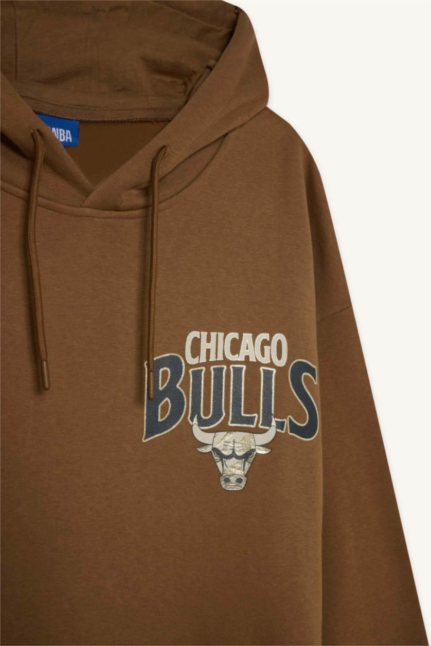 Erkek Kahve NBA Chicago Bulls Oversize Geniş Kalıp Kapüşonlu Sırt Baskılı Kalın Sweatshirt