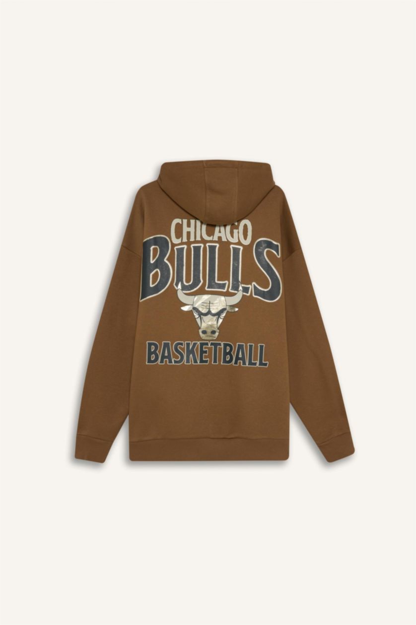 Erkek Kahve NBA Chicago Bulls Oversize Geniş Kalıp Kapüşonlu Sırt Baskılı Kalın Sweatshirt