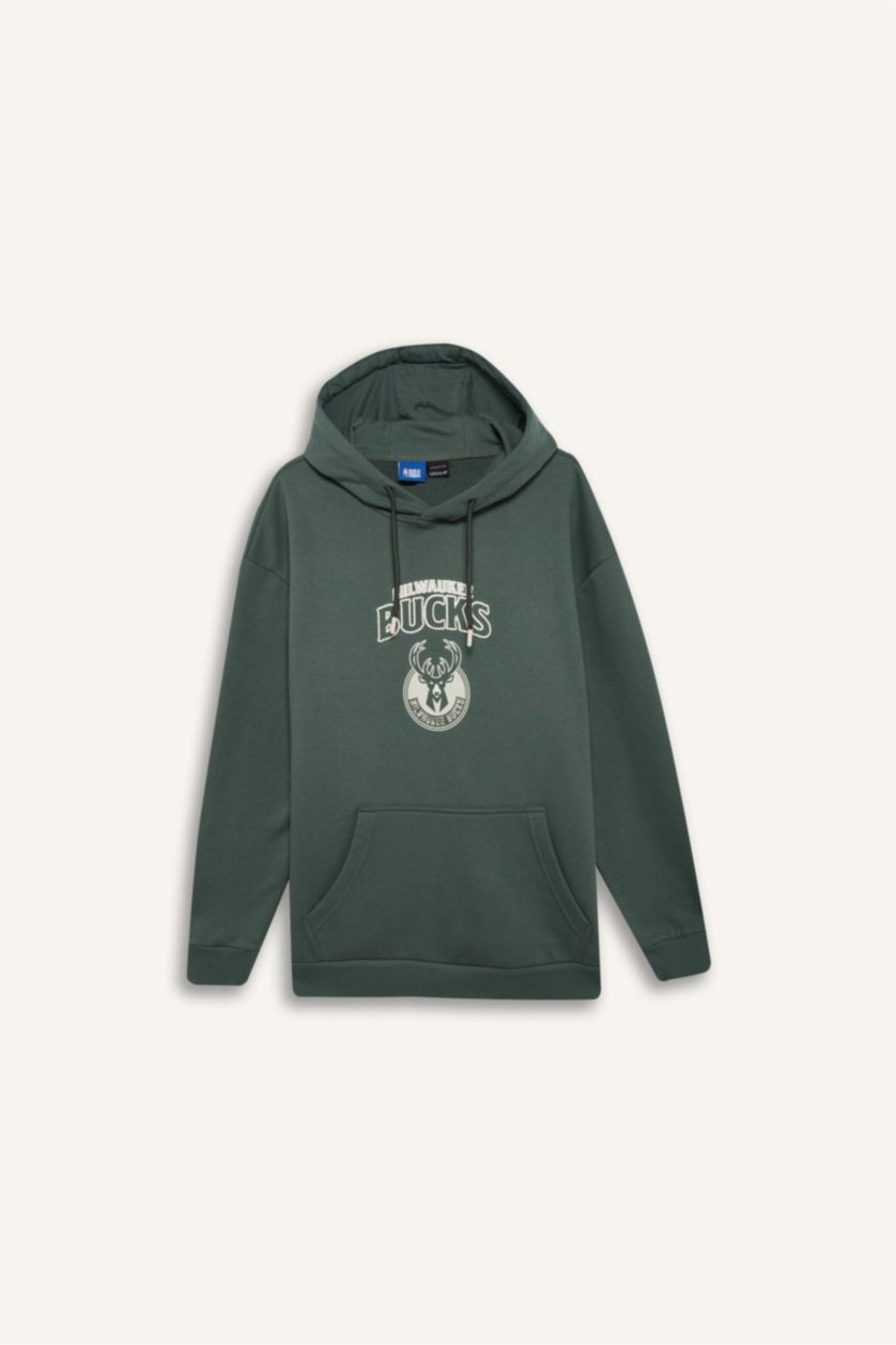 Erkek Koyu Yeşil NBA Milwaukee Bucks Boxy Fit Kapüşonlu Sırt Baskılı Kanguru Cepli Kalın Sweatshirt
