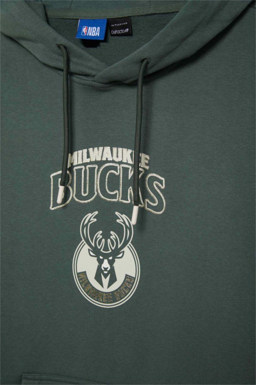 Erkek Koyu Yeşil NBA Milwaukee Bucks Boxy Fit Kapüşonlu Sırt Baskılı Kanguru Cepli Kalın Sweatshirt