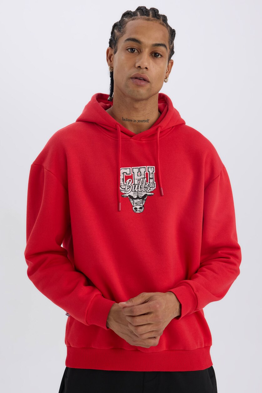 Erkek Kırmızı Boxy Fıt Kalın Sweatshirt Kumaşı Sweatshirt