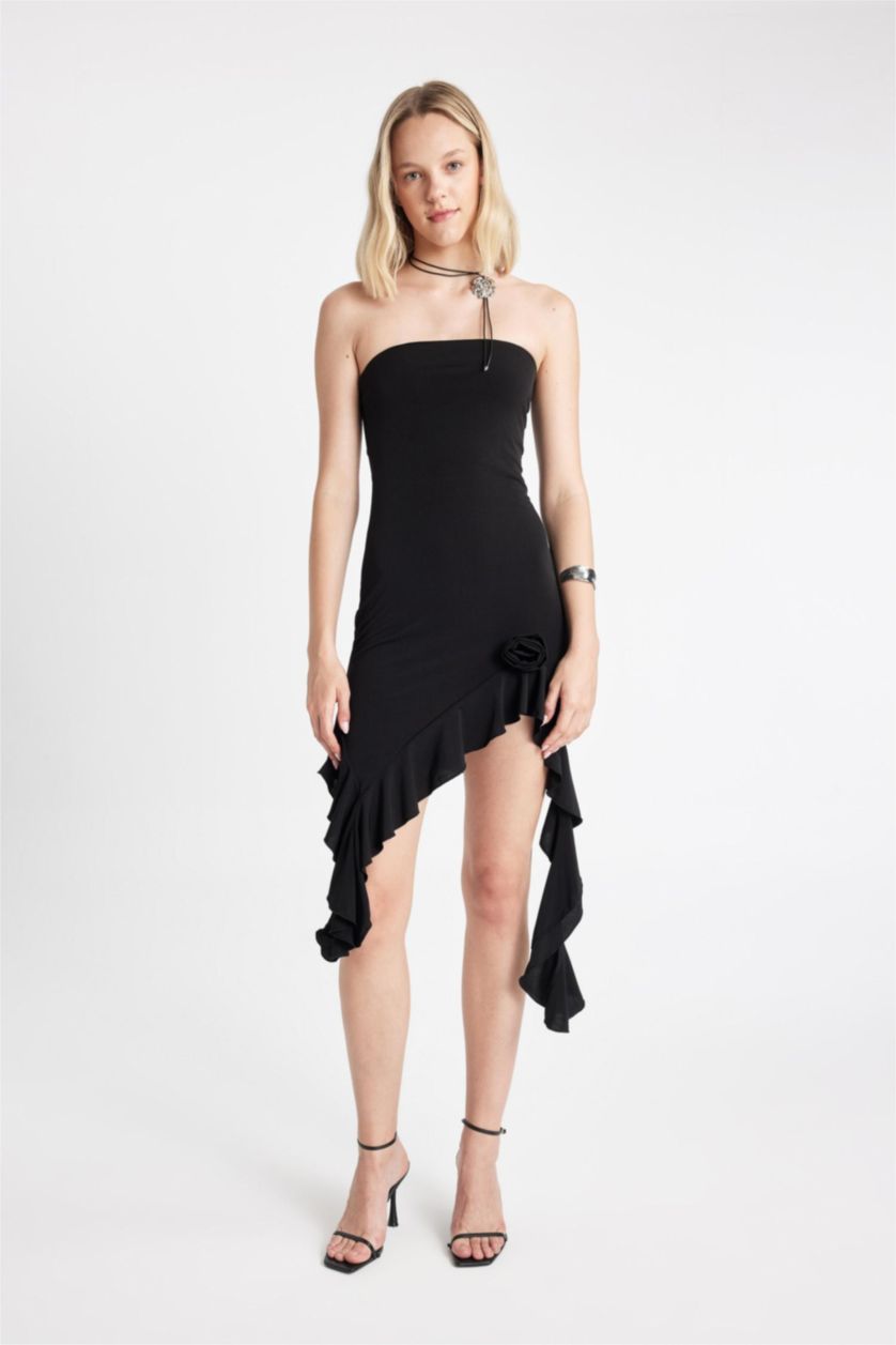 Kadın Siyah Straplez Asimetrik Mini Abiye Elbise
