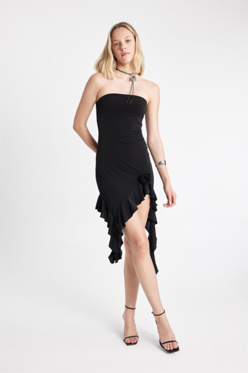 Kadın Siyah Straplez Asimetrik Mini Abiye Elbise