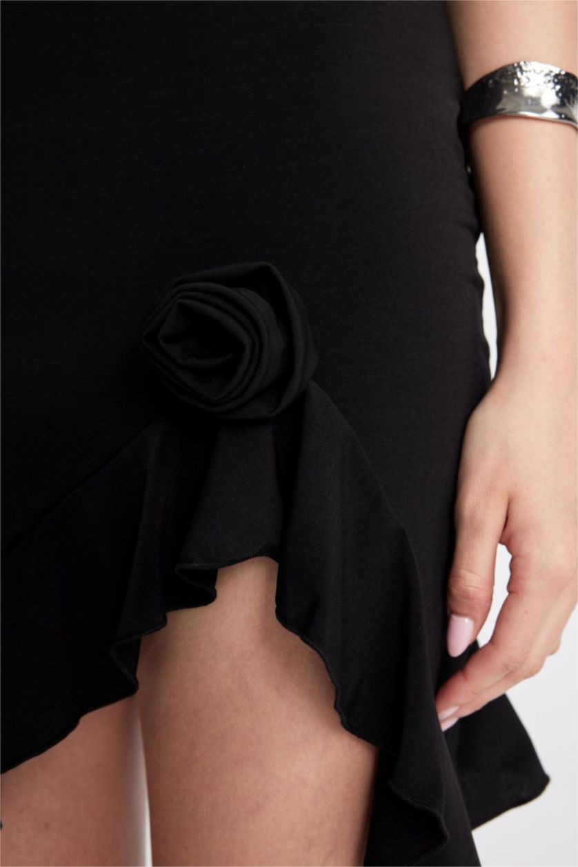 Kadın Siyah Straplez Asimetrik Mini Abiye Elbise