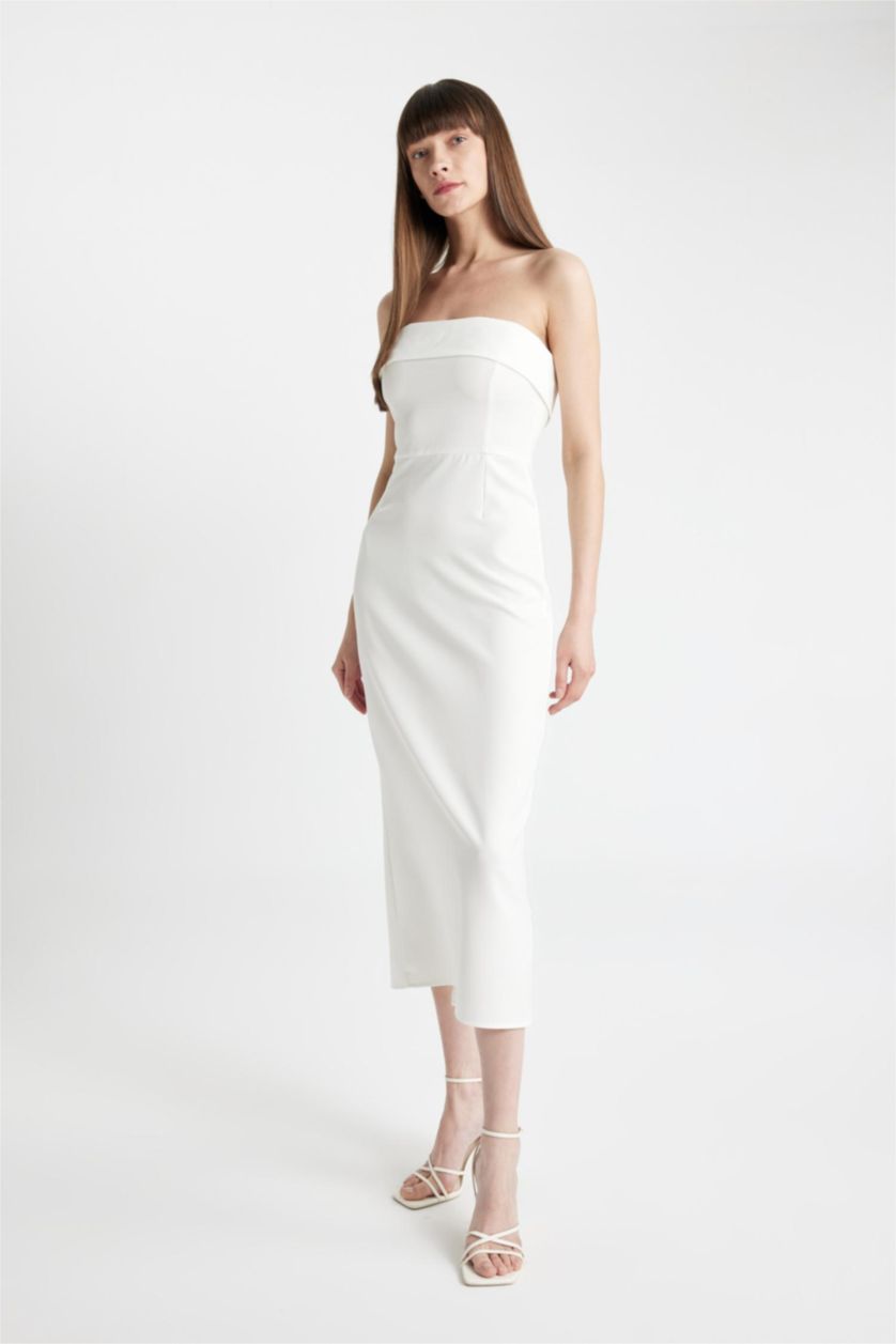 Kadın Kırık Beyaz Bodycon Vücudu Saran Straplez Maxi Abiye Elbise
