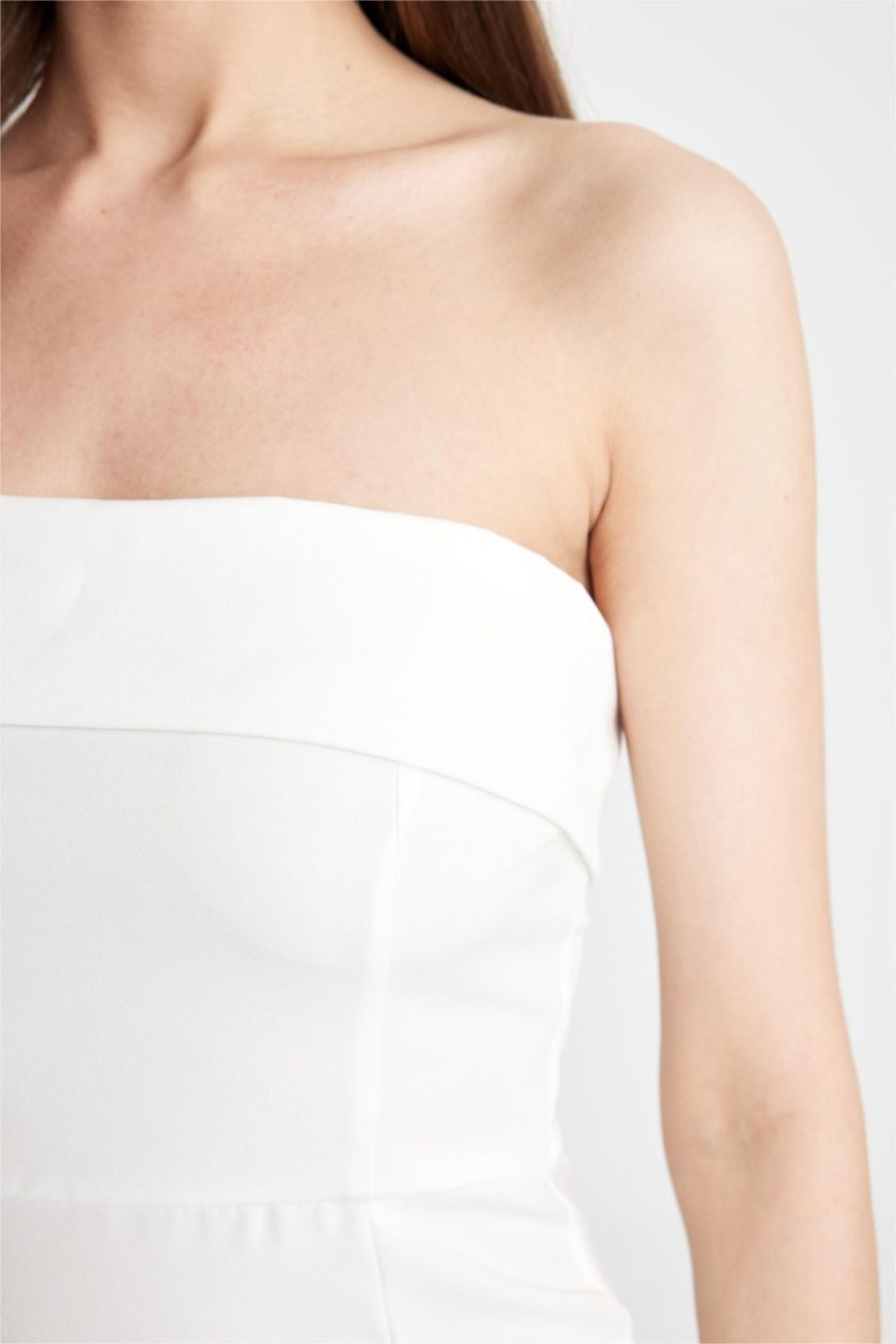 Kadın Kırık Beyaz Bodycon Vücudu Saran Straplez Maxi Abiye Elbise
