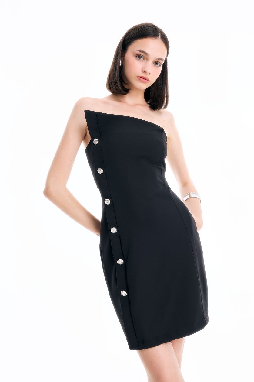 Kadın Siyah Straplez Düğme Detaylı Mini Elbise