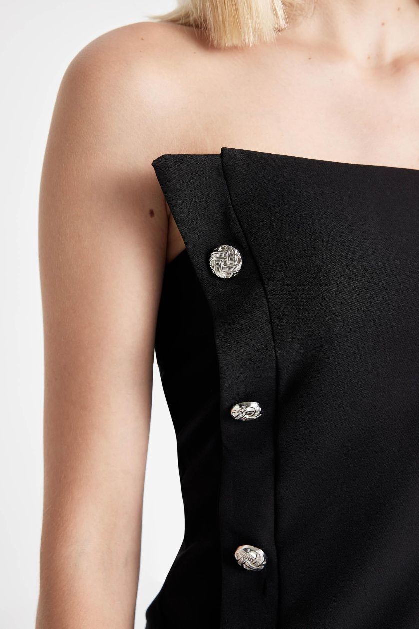 Kadın Siyah Straplez Düğme Detaylı Mini Elbise