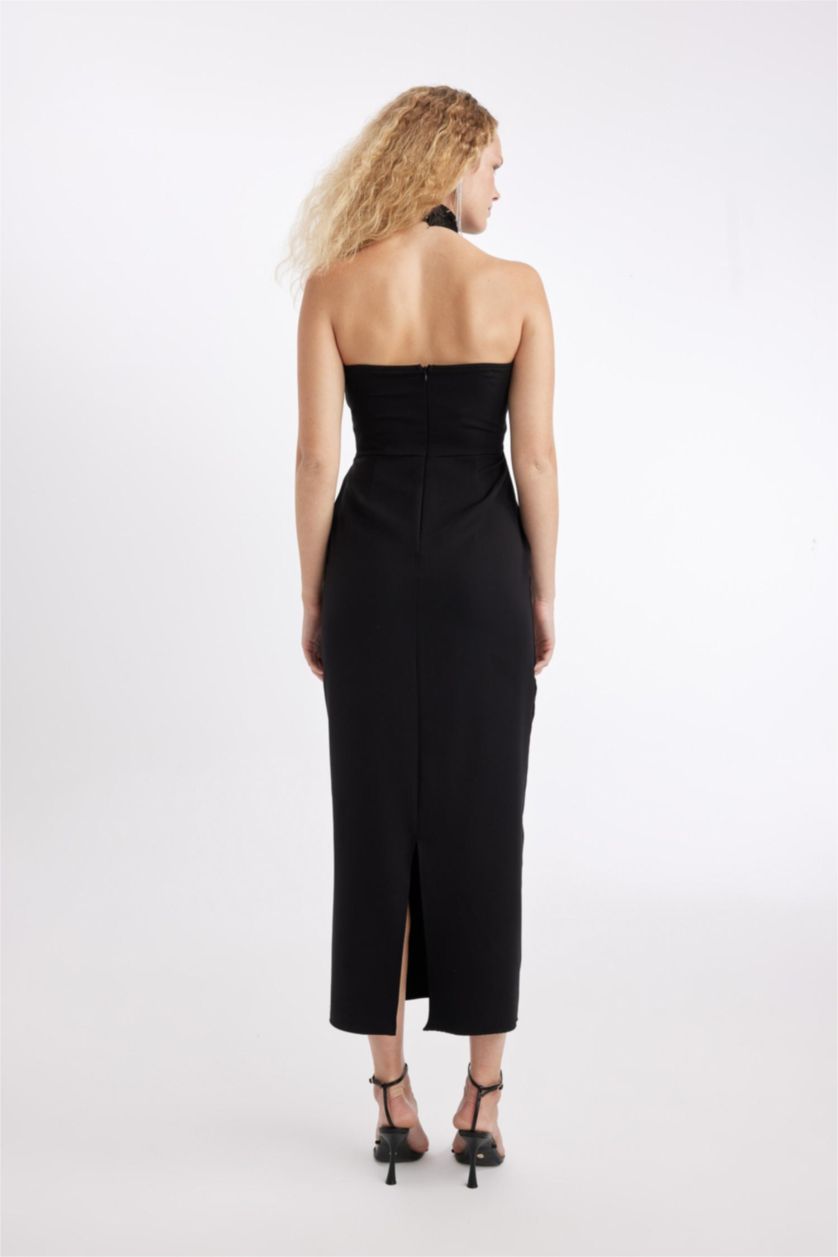 Kadın Siyah Bodycon Vücudu Saran Halter Yaka Kolsuz Maxi Abiye Elbise