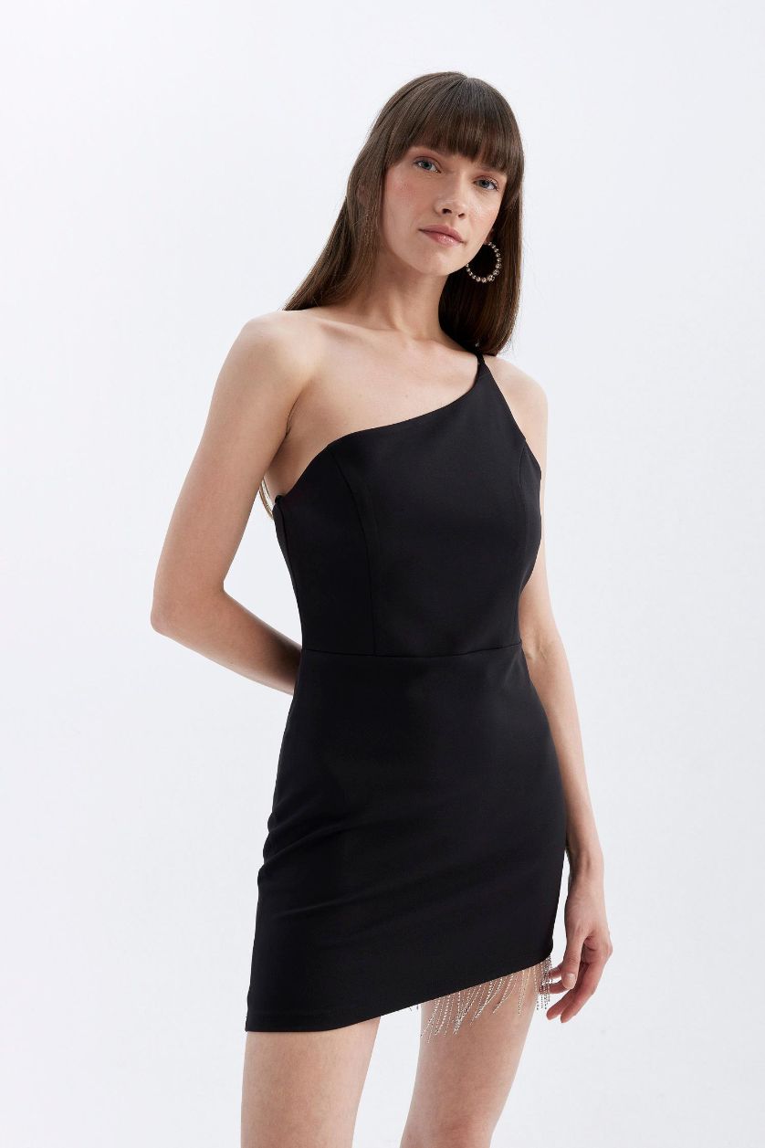 Kadın Siyah Bodycon Vücudu Saran Tek Omuzlu Kolsuz Mini Abiye Elbise