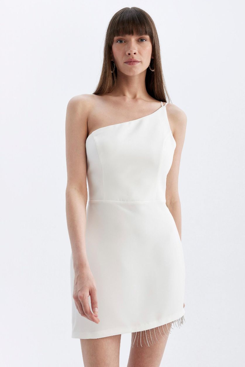 Kadın Kırık Beyaz Bodycon Vücudu Saran Tek Omuzlu Kolsuz Mini Abiye Elbise