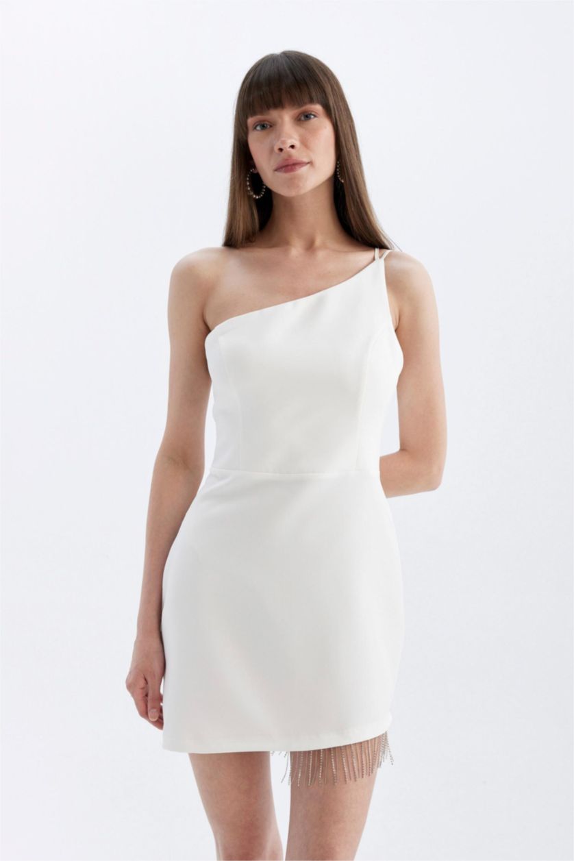 Kadın Kırık Beyaz Bodycon Vücudu Saran Tek Omuzlu Kolsuz Mini Abiye Elbise