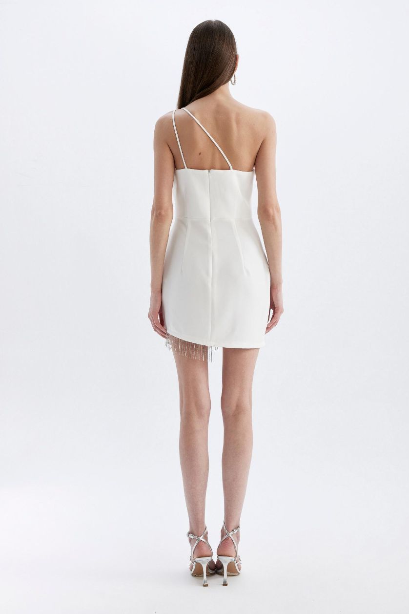 Kadın Kırık Beyaz Bodycon Vücudu Saran Tek Omuzlu Kolsuz Mini Abiye Elbise