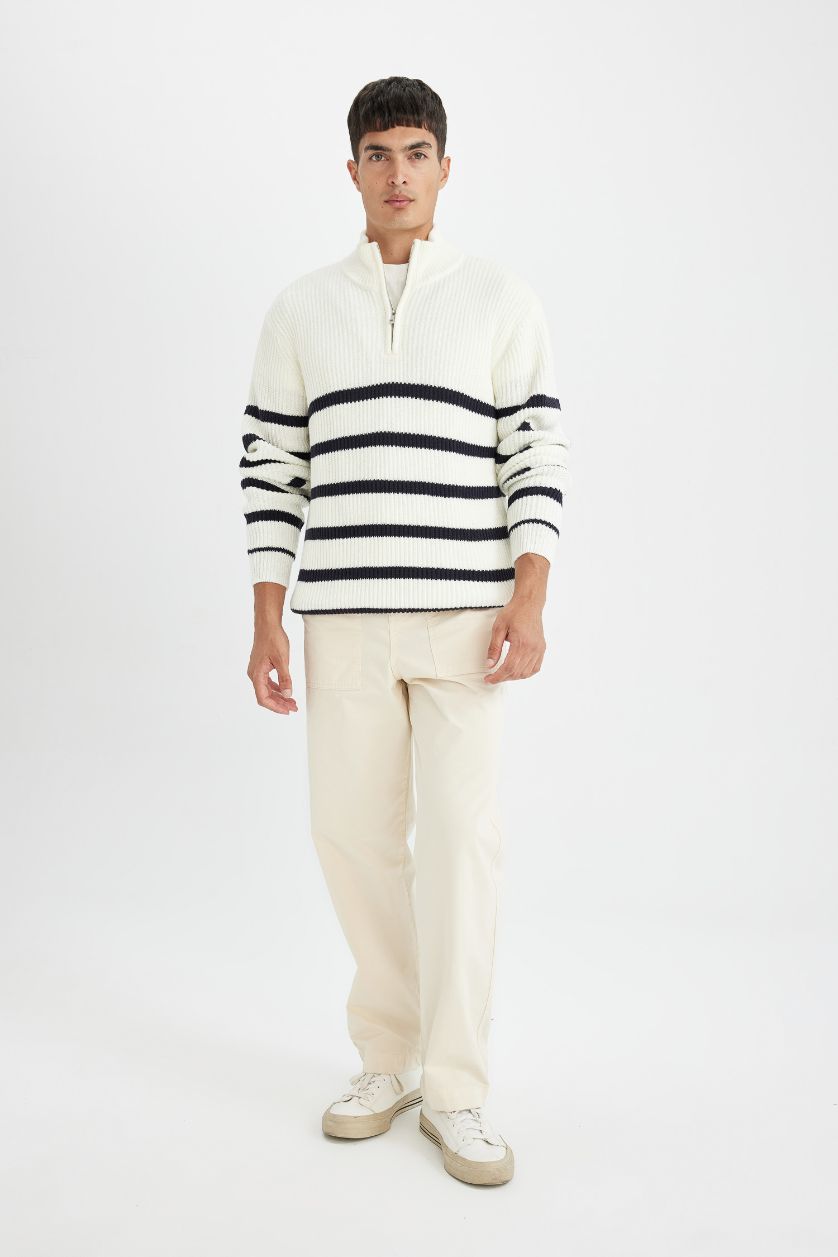 MAN Ecru Standard Fit Stand Collar Half Zipper Striped Knitwear Pullover