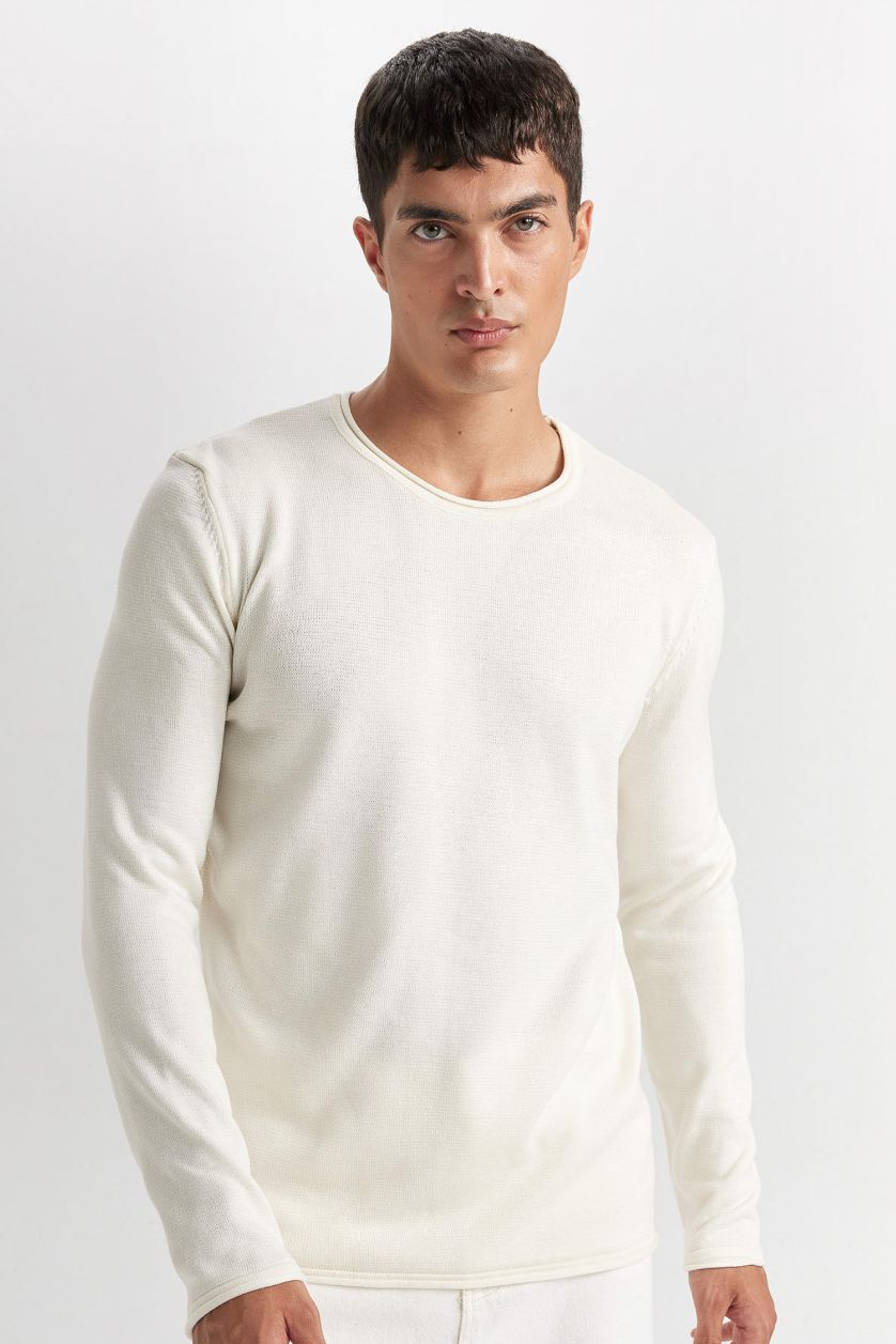 MAN Ecru Relax Fit Crew Neck Basic Knitted Pullover