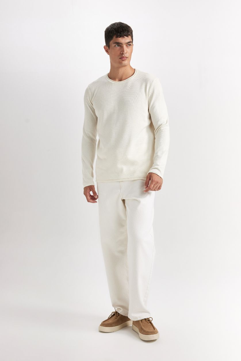 MAN Ecru Relax Fit Crew Neck Basic Knitted Pullover