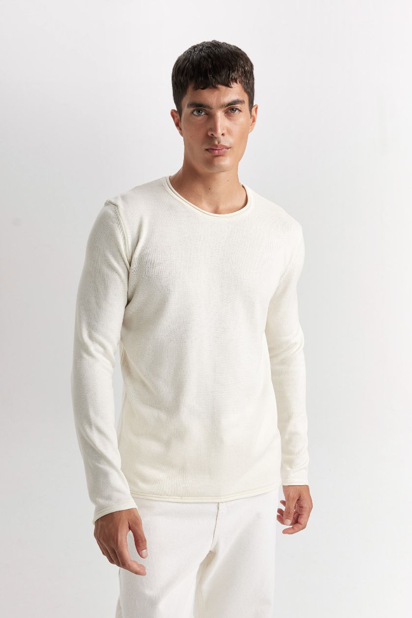 MAN Ecru Relax Fit Crew Neck Basic Knitted Pullover
