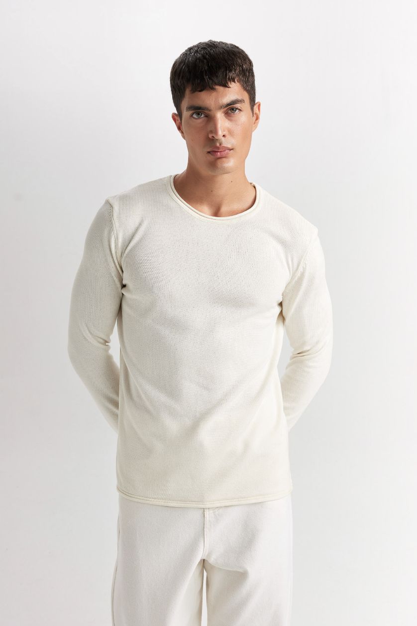 MAN Ecru Relax Fit Crew Neck Basic Knitted Pullover
