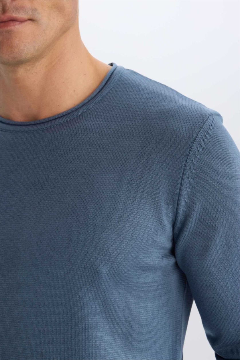 رجال نيلي فاتح بلوفر تريكو قصة مريحة برقبة مستديرة