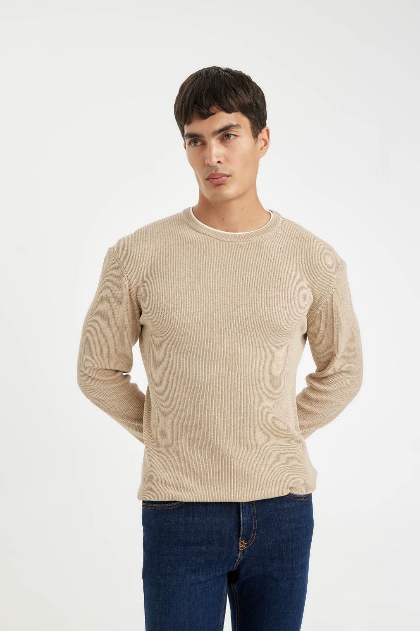 HOMME Beige Clair Pull tricot basique à col rond Coupe décontractée