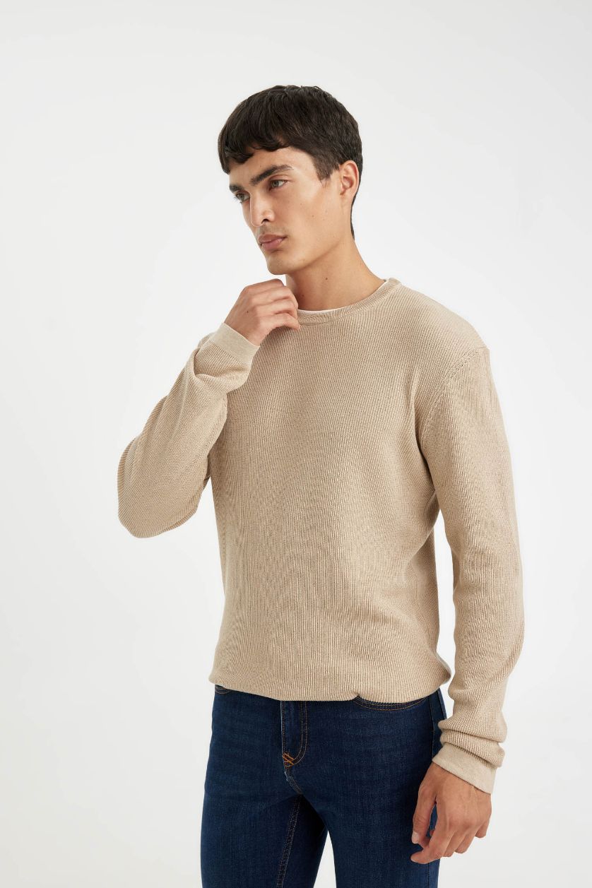 HOMME Beige Clair Pull tricot basique à col rond Coupe décontractée