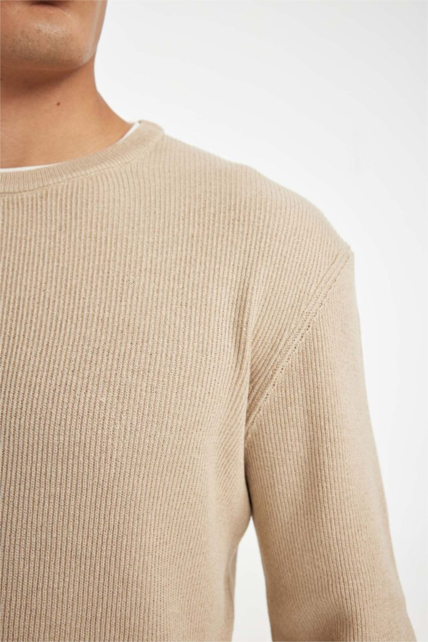 HOMME Beige Clair Pull tricot basique à col rond Coupe décontractée