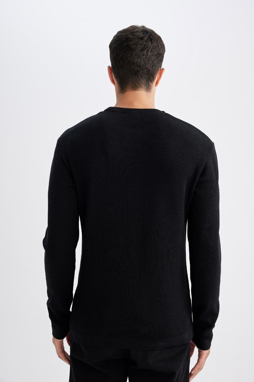 Erkek Siyah Relax Fit Bisiklet Yaka Yaka İçi Penye Detaylı Pamuklu Triko Kazak