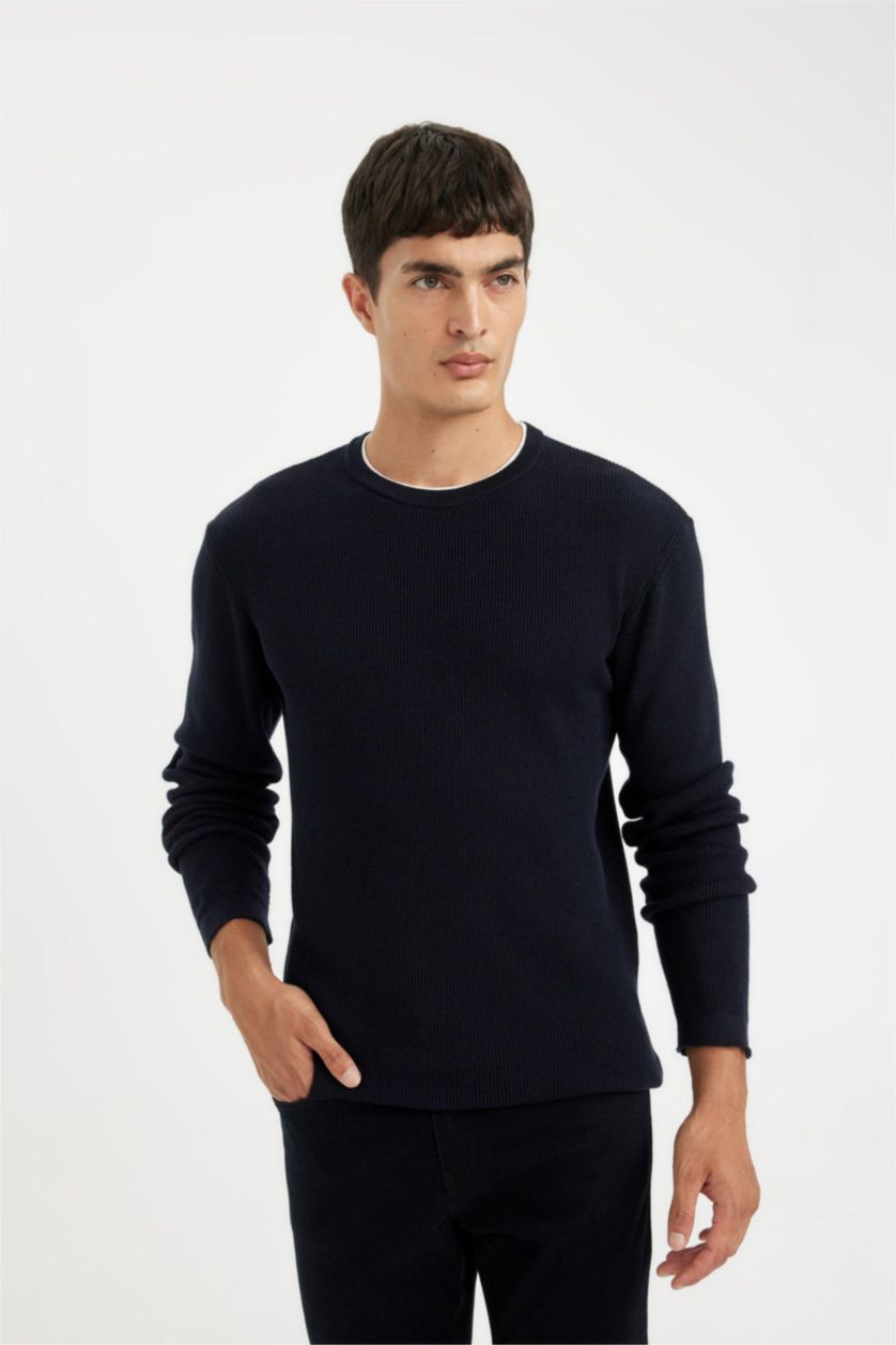 رجال كحلي بلوفر تريكو قصة مريحة برقبة مستديرة