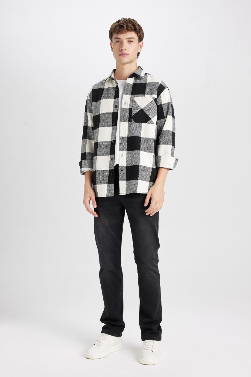 رجالي أسود قميص بولو كاروهات قصة عادية كم طويل