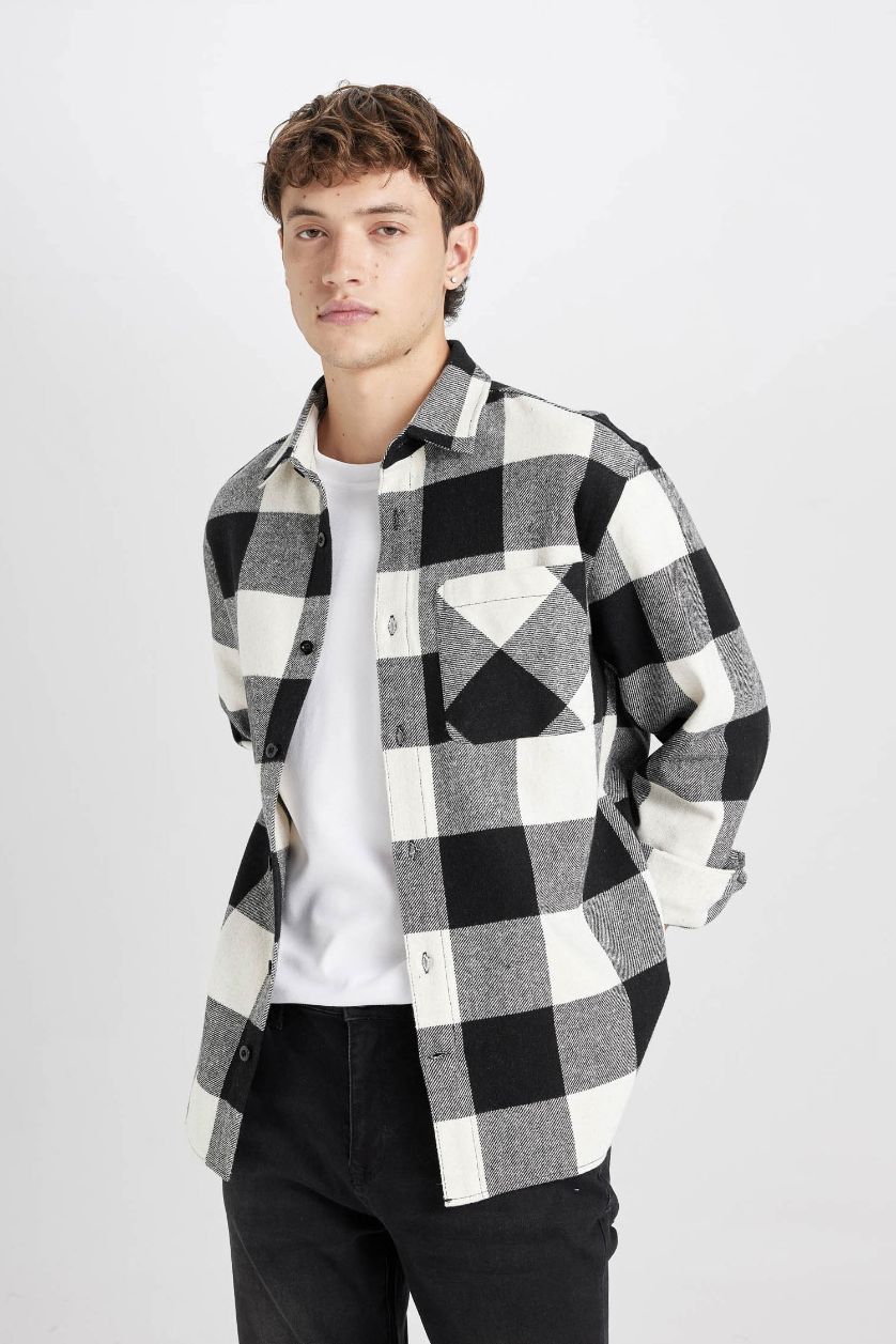 رجالي أسود قميص بولو كاروهات قصة عادية كم طويل