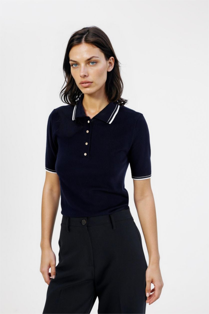 Kadın Lacivert Regular Fit Polo Yaka Düğmeli Basic Düz Kısa Kollu Triko Kazak