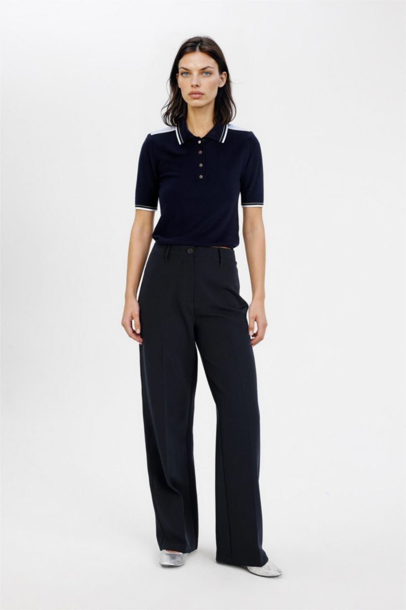 Kadın Lacivert Regular Fit Polo Yaka Düğmeli Basic Düz Kısa Kollu Triko Kazak