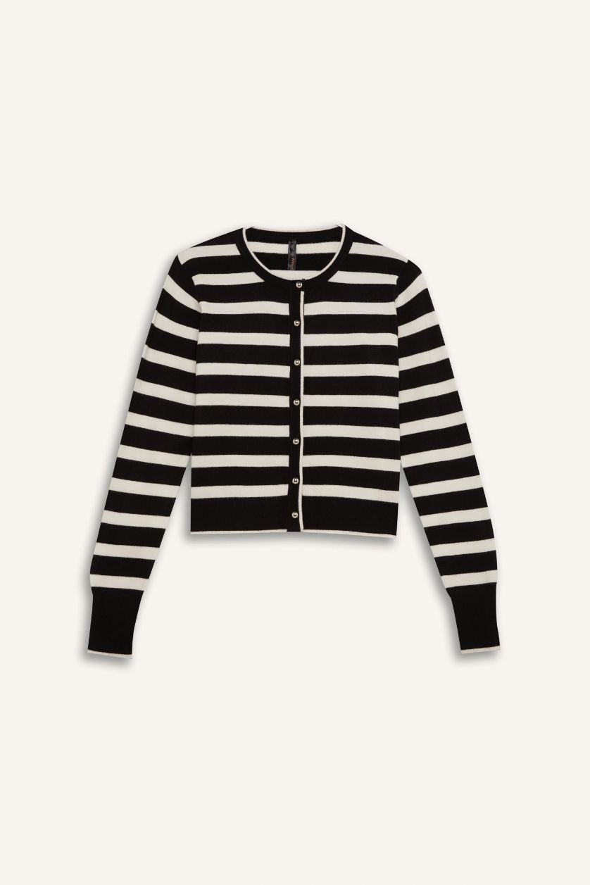 Woman Black Regular Fit Crew Neck Buttoned Knitwear Striped Cardigan