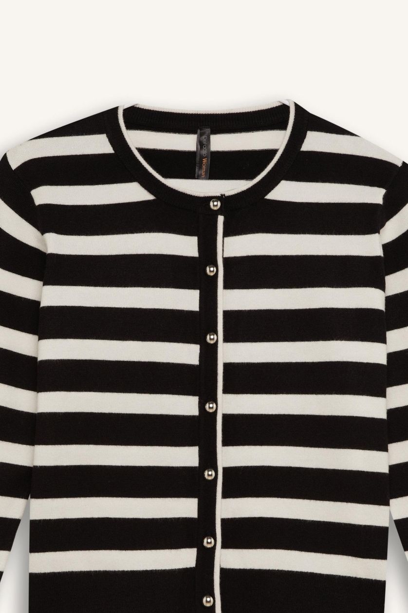 Woman Black Regular Fit Crew Neck Buttoned Knitwear Striped Cardigan