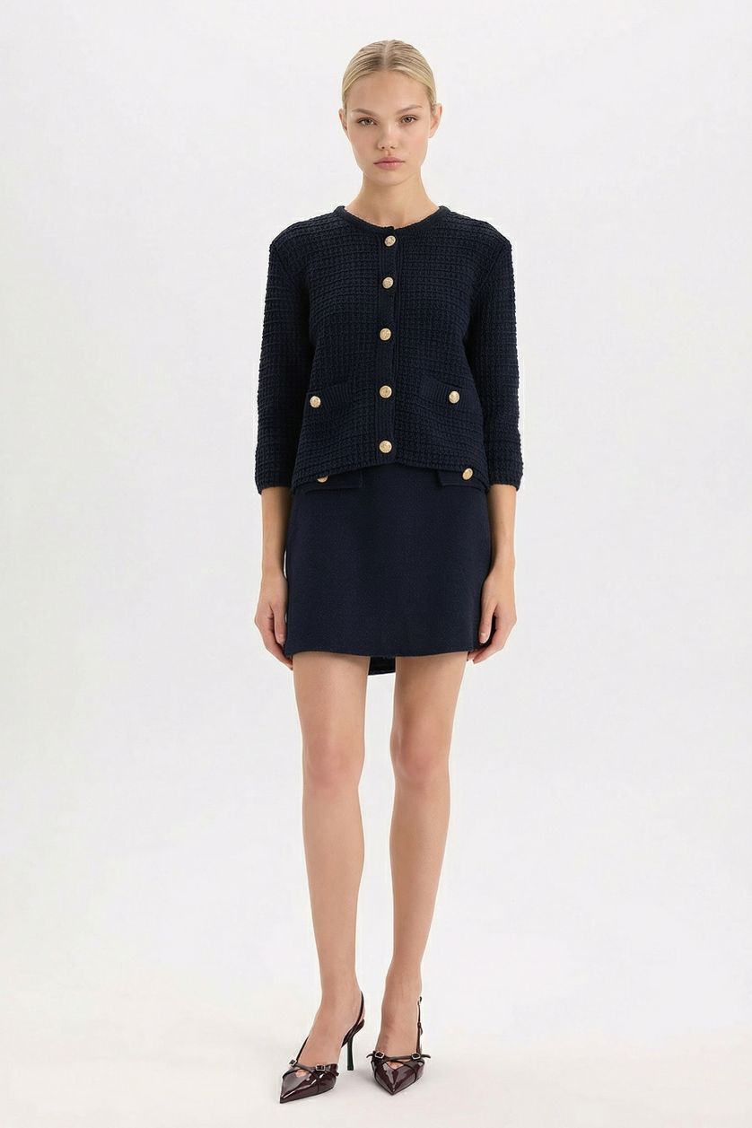 Kadın Lacivert Regular Fit Bisiklet Yaka Dokulu Düğmeli Triko Hırka